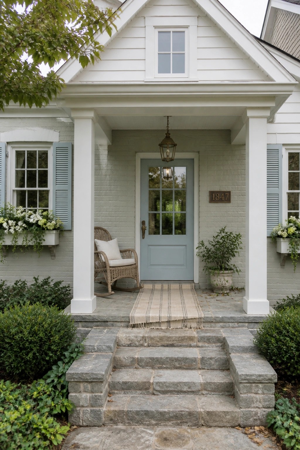 A farmhouse exterior with light gray painted brick and white trim.