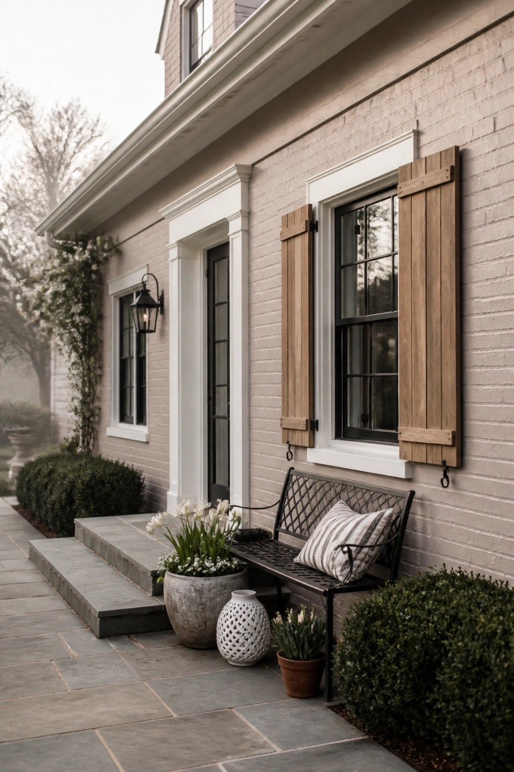 Beige brick house with wooden shutters, black bench, and potted white tulips on patio