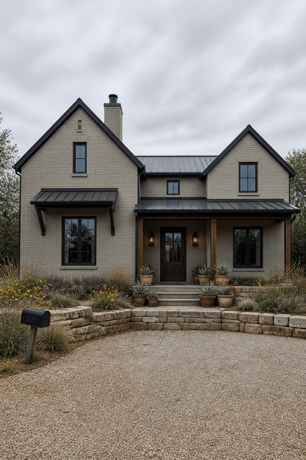 Painted brick farmhouse exterior in a soft warm greige with black trim and a gravel driveway.