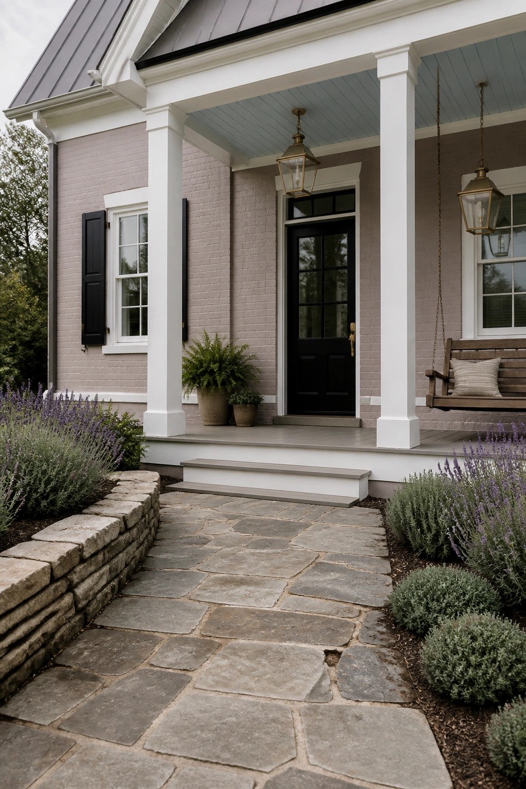 A farmhouse exterior with brick painted in a soft greige tone.