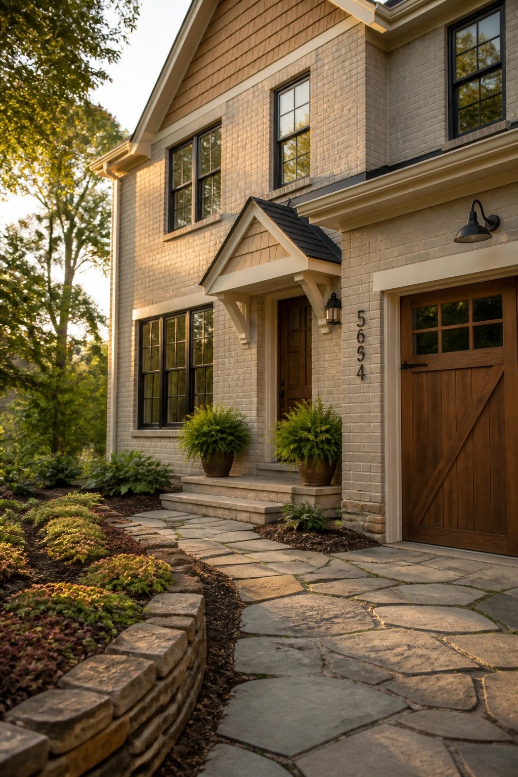 A farmhouse exterior with brick painted in a soft warm greige.