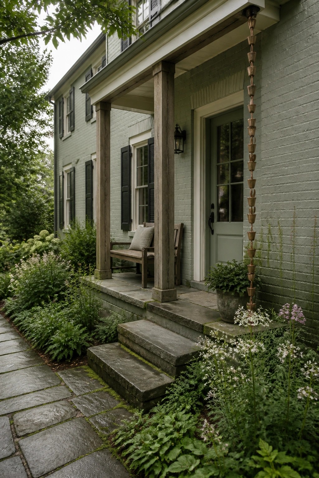 A brick farmhouse exterior painted in a soft sage green.