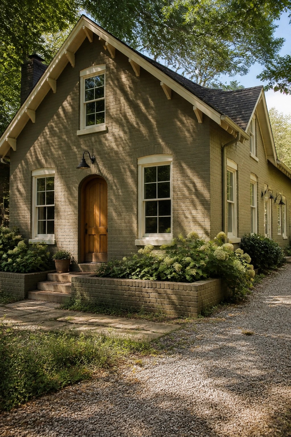Charming brick cottage with arched wooden door, white windows, and blooming garden.