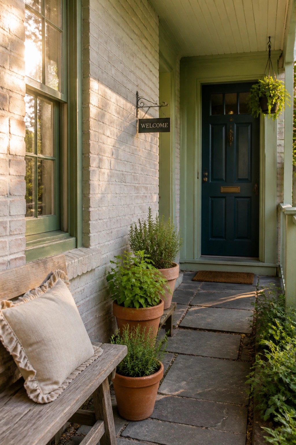 A farmhouse porch with soft white painted brick walls.