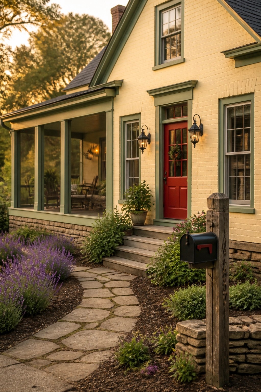 A pale yellow painted brick farmhouse with green trim and a stone foundation.