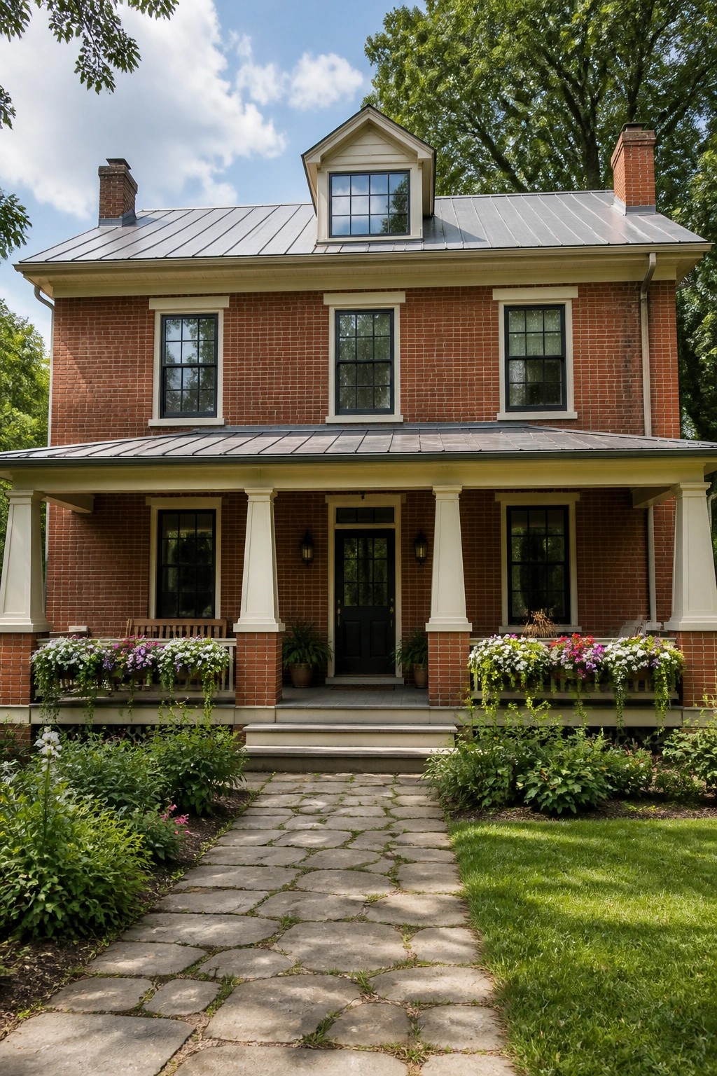 Two-story red brick house with white porch, columns, flower boxes, and stone path