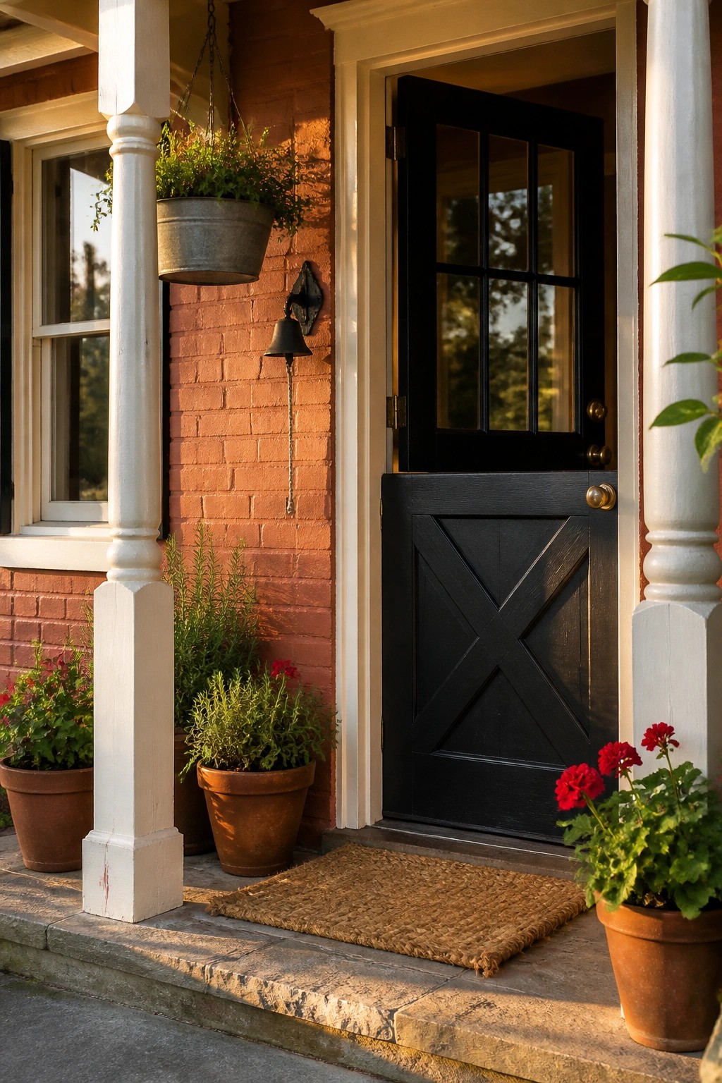 Black door with X design on brick porch amid potted red flowers and plants