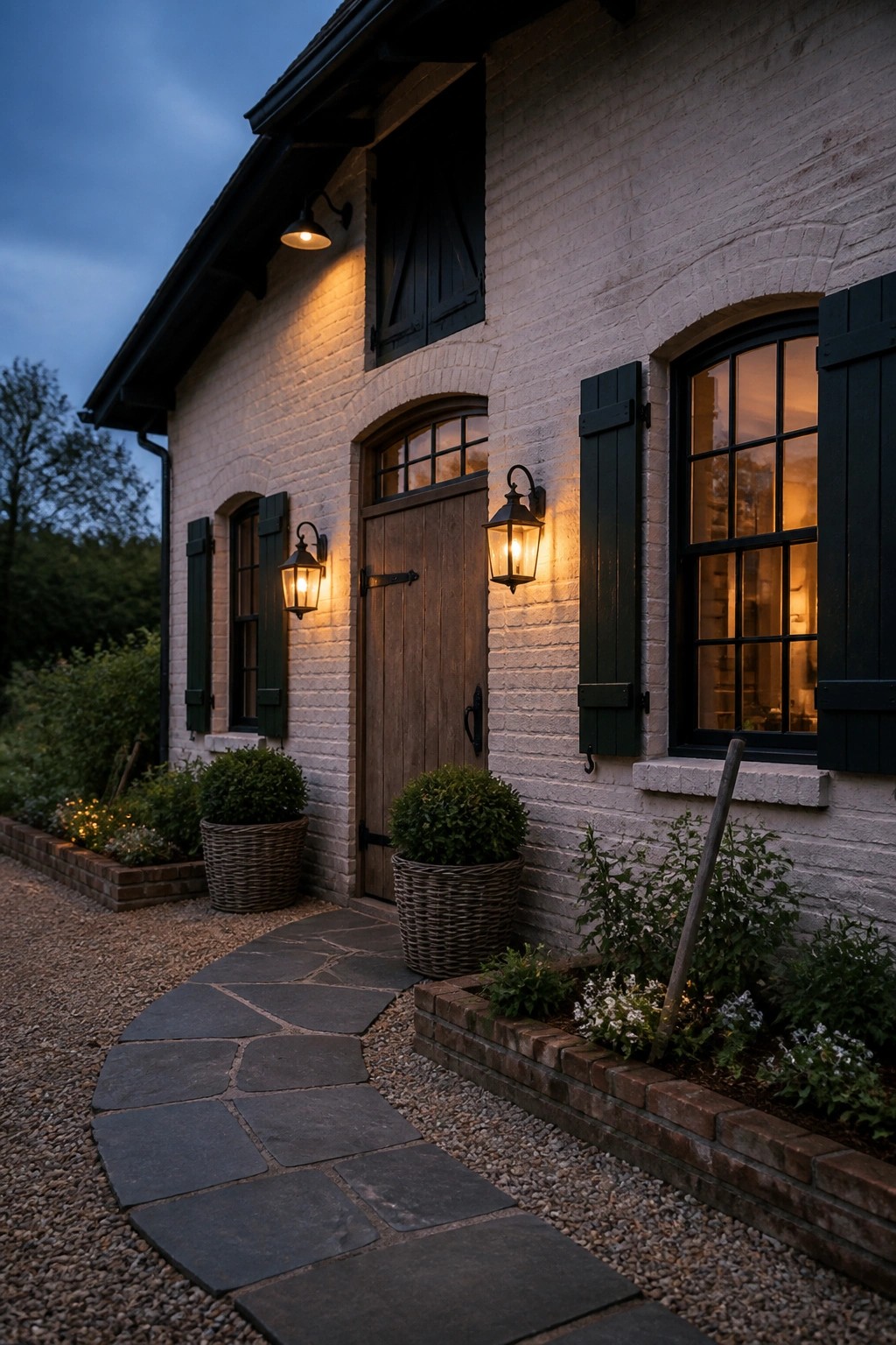 Farmhouse exterior with warm white painted brick walls.