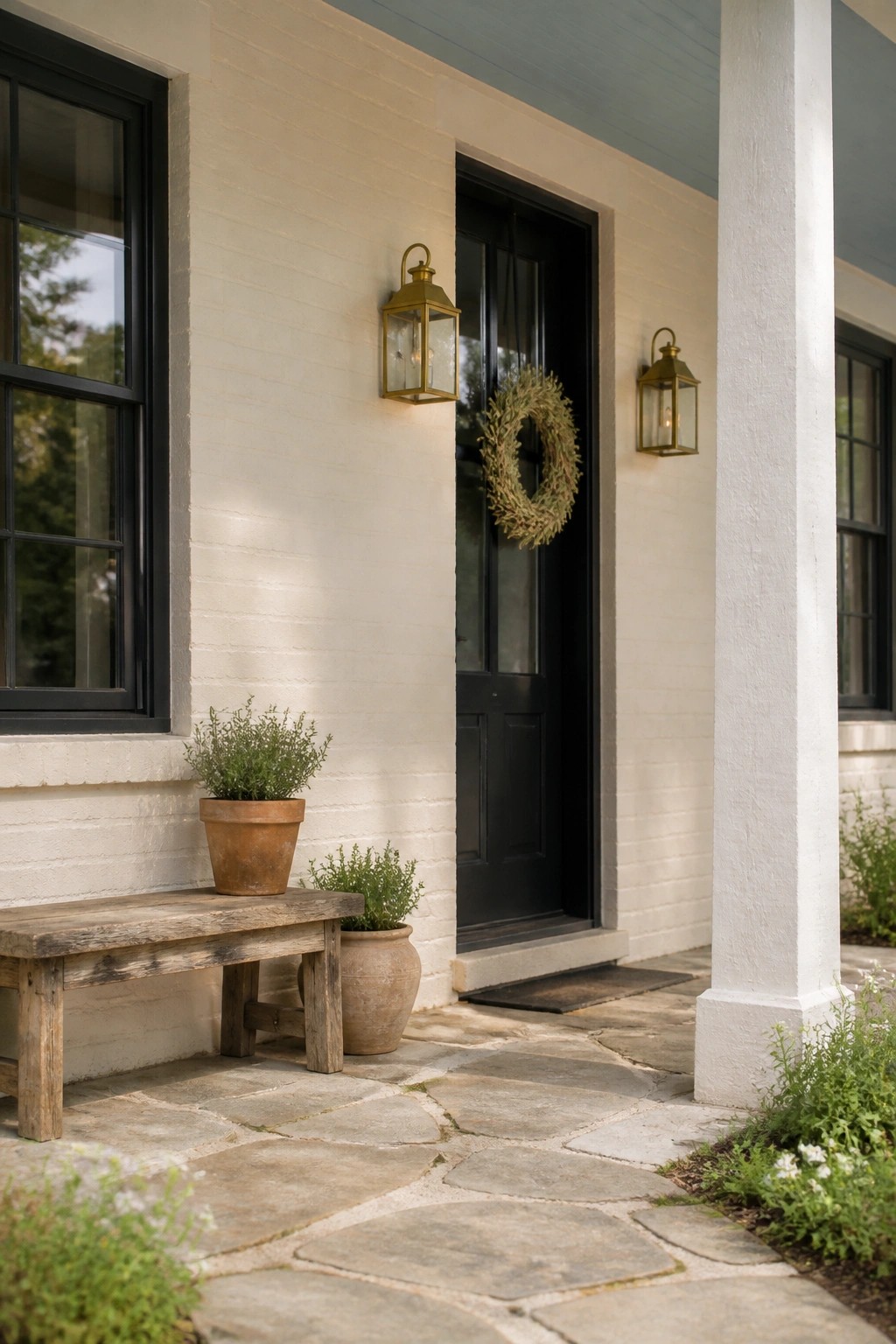 White painted brick exterior with black door and windows on a farmhouse.