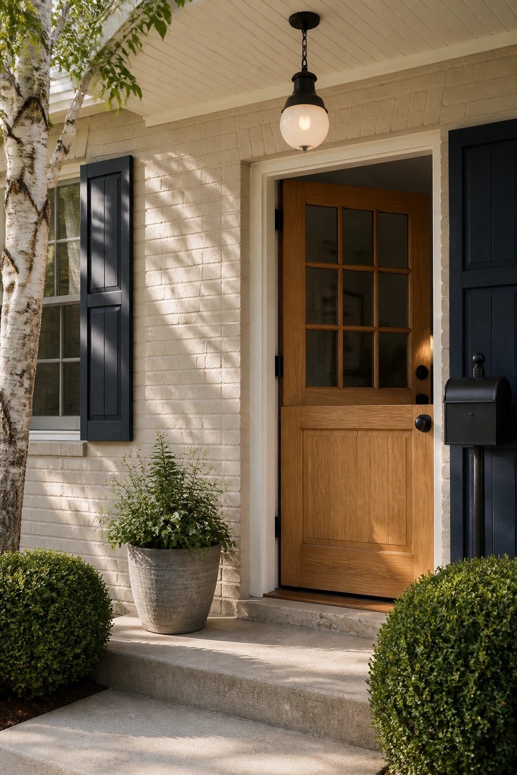 White brick house entrance with wooden door, black shutters, potted plant, and hanging light