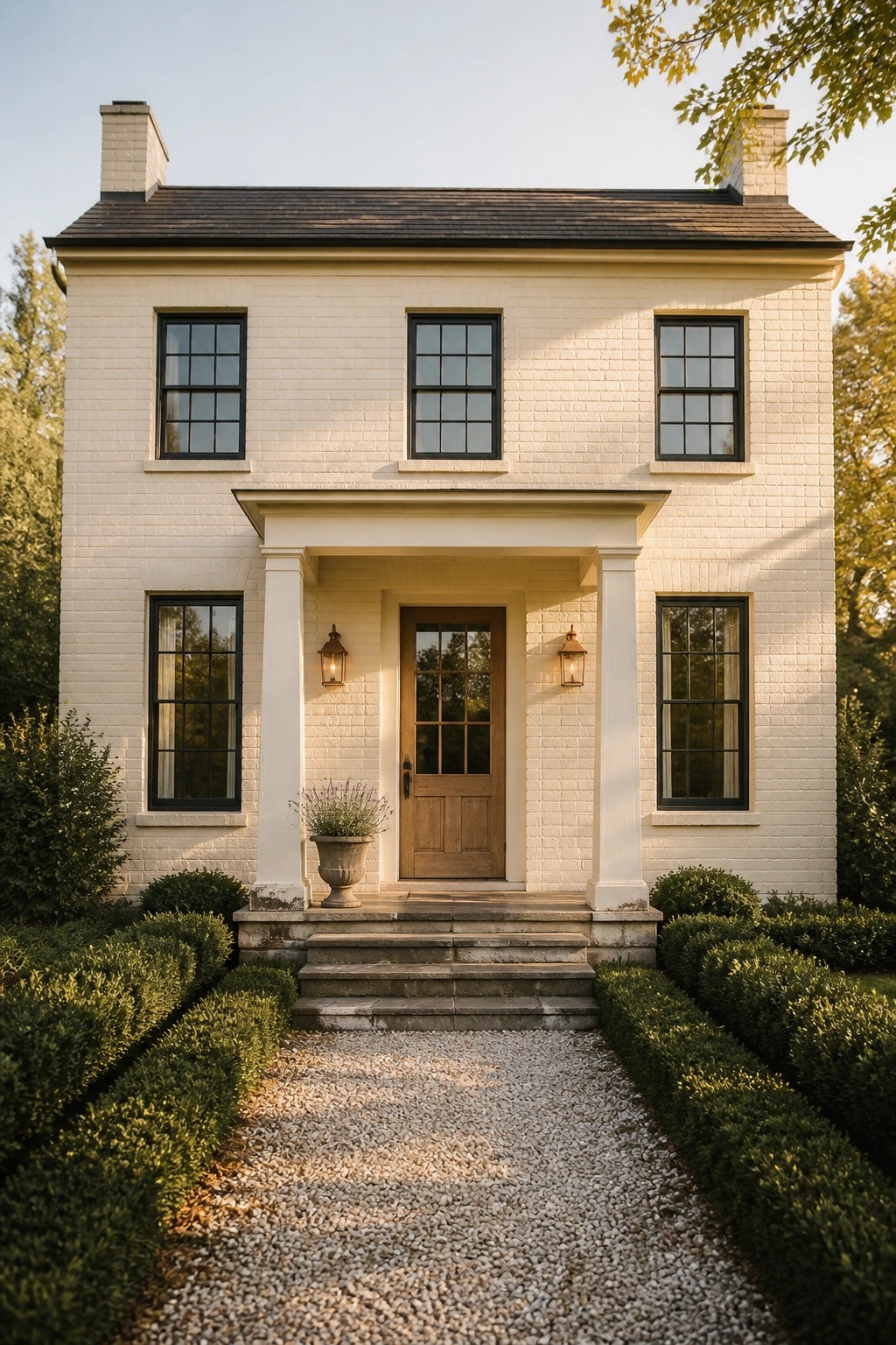 White brick house with wooden door, black windows, columns, and gravel path.