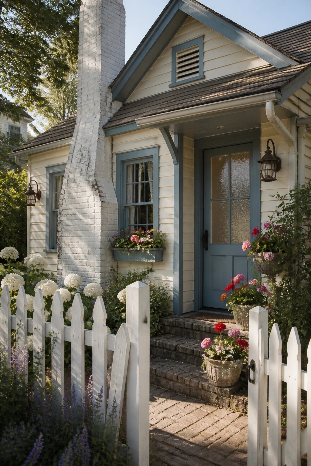 A modern farmhouse exterior with creamy white siding and blue trim.