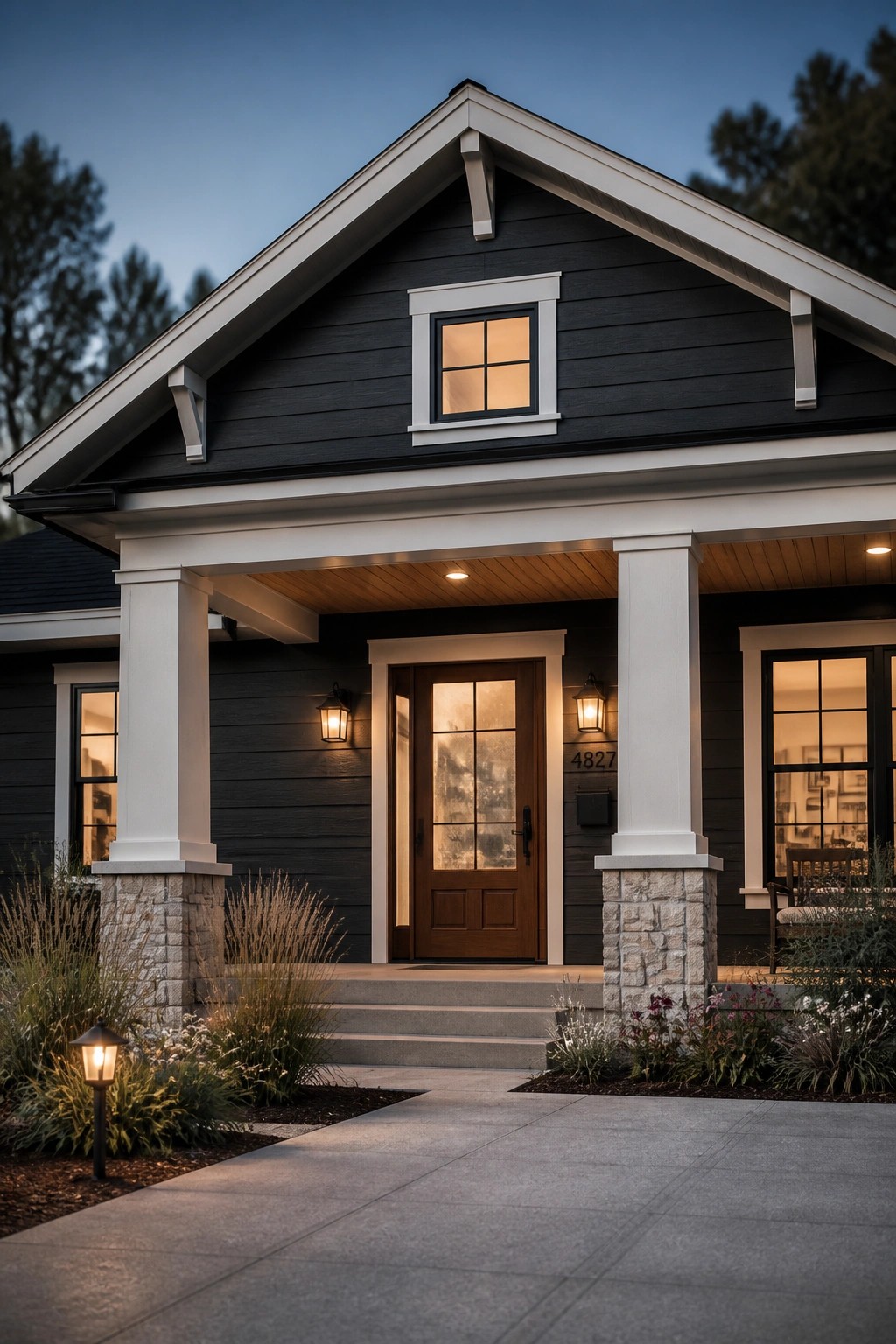 A modern farmhouse exterior with dark charcoal gray siding and white trim.