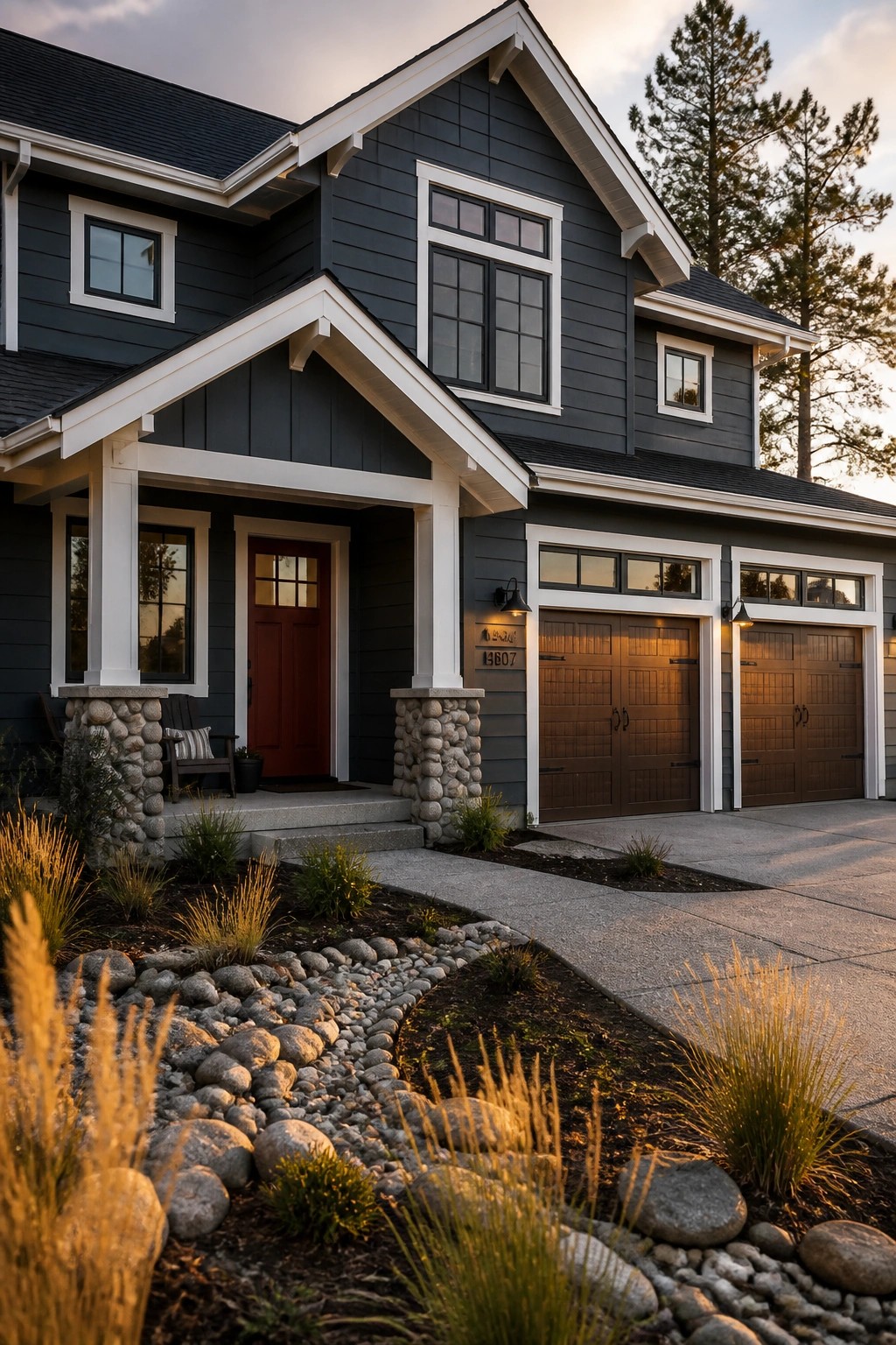 Dark gray house with white trim, red door, wooden garages and rock garden landscaping