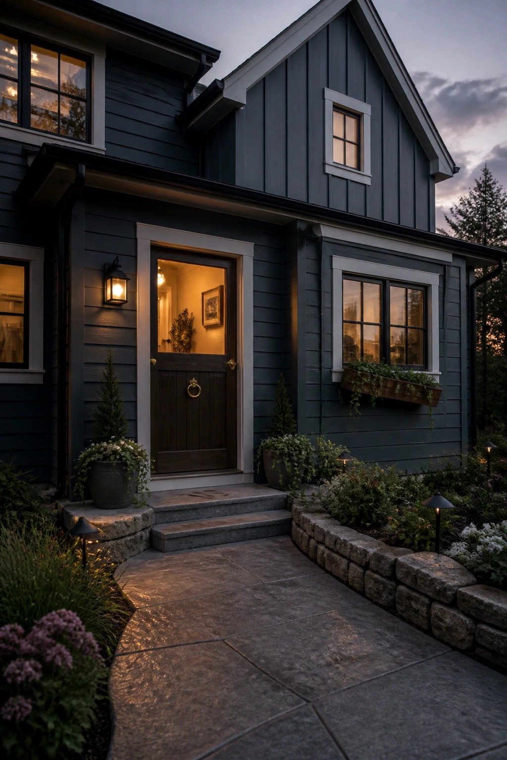 House exterior with deep blue gray siding and a stone walkway leading to the front door.