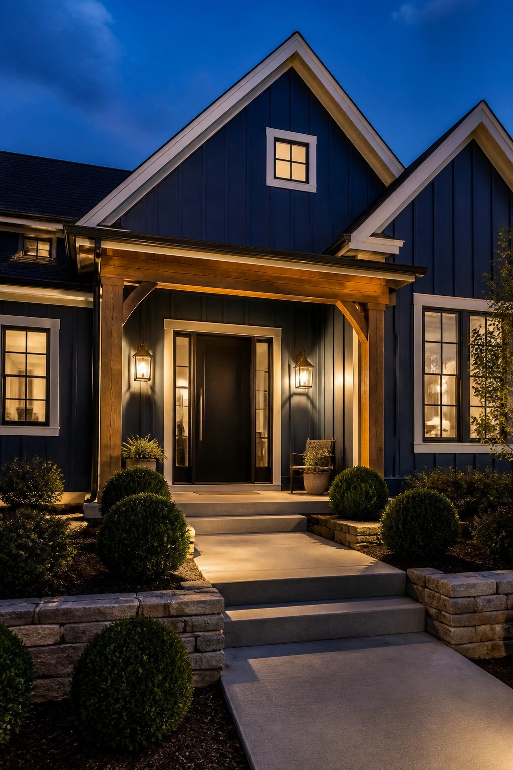 Deep navy blue siding on a modern farmhouse exterior with wood trim.