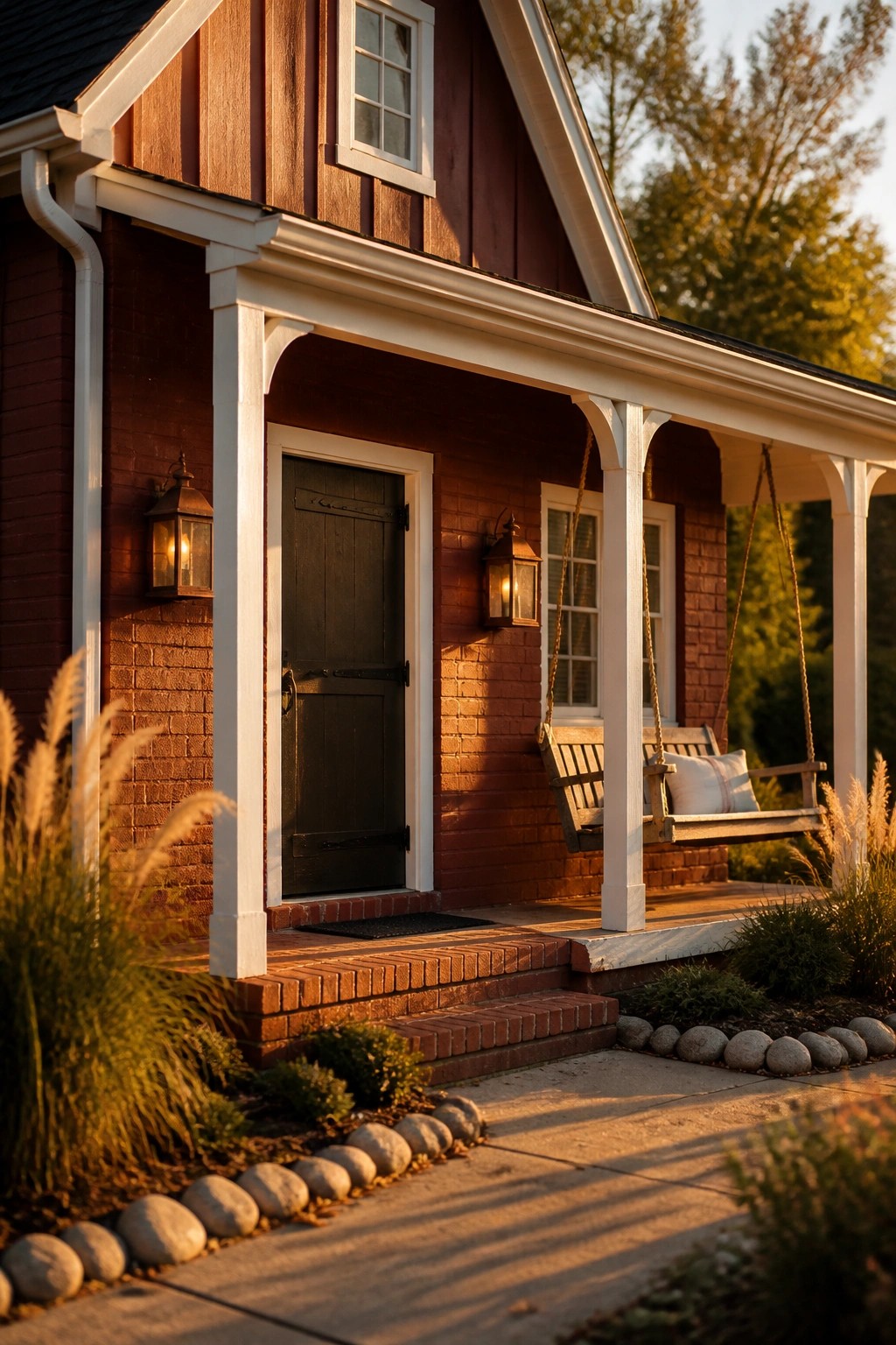 A modern farmhouse exterior with deep red painted siding over a red brick base and white trim.