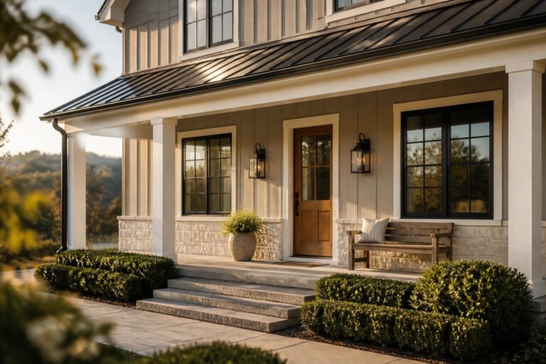 Modern farmhouse exterior with soft greige siding and black-framed windows.