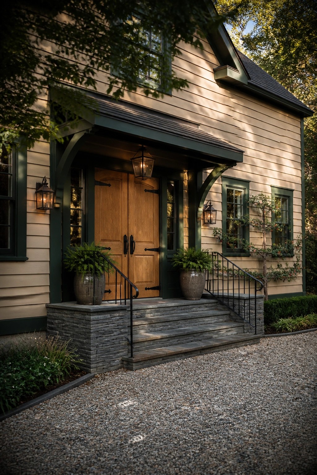 Light greige siding on a modern farmhouse with dark green trim.