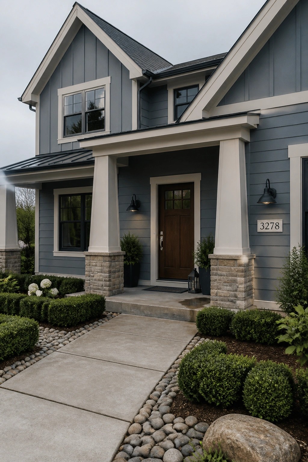 Modern farmhouse exterior with blue gray siding and white trim.