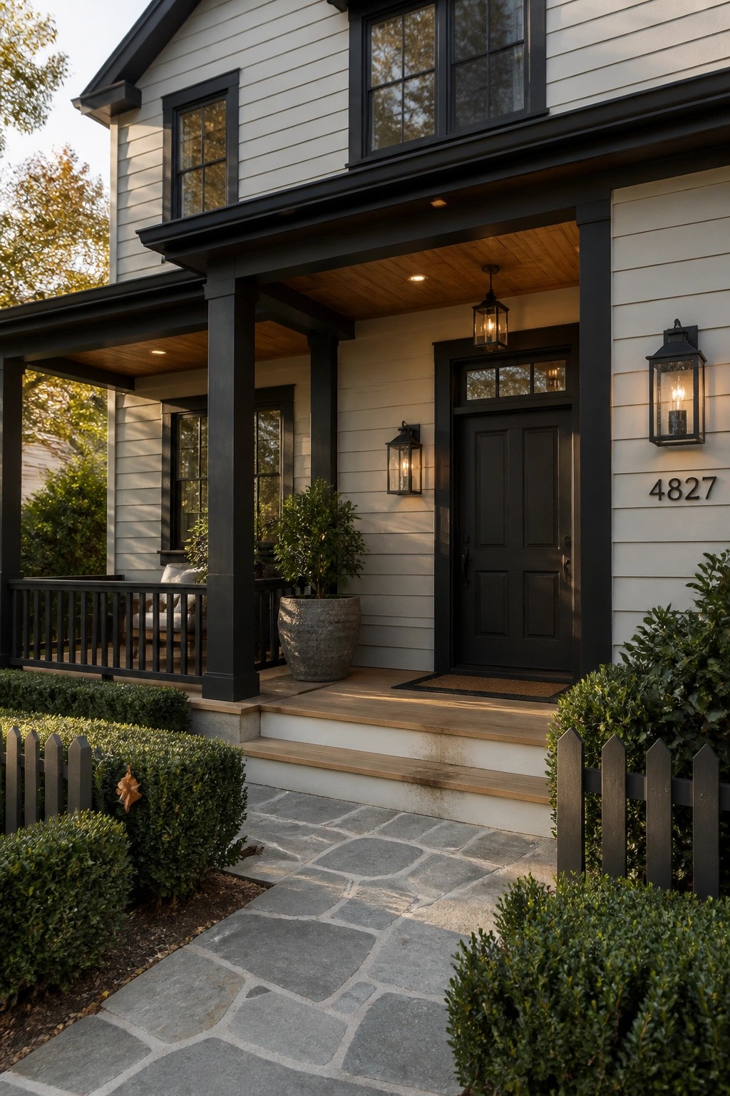 Modern farmhouse exterior with light gray siding and black trim on the porch.