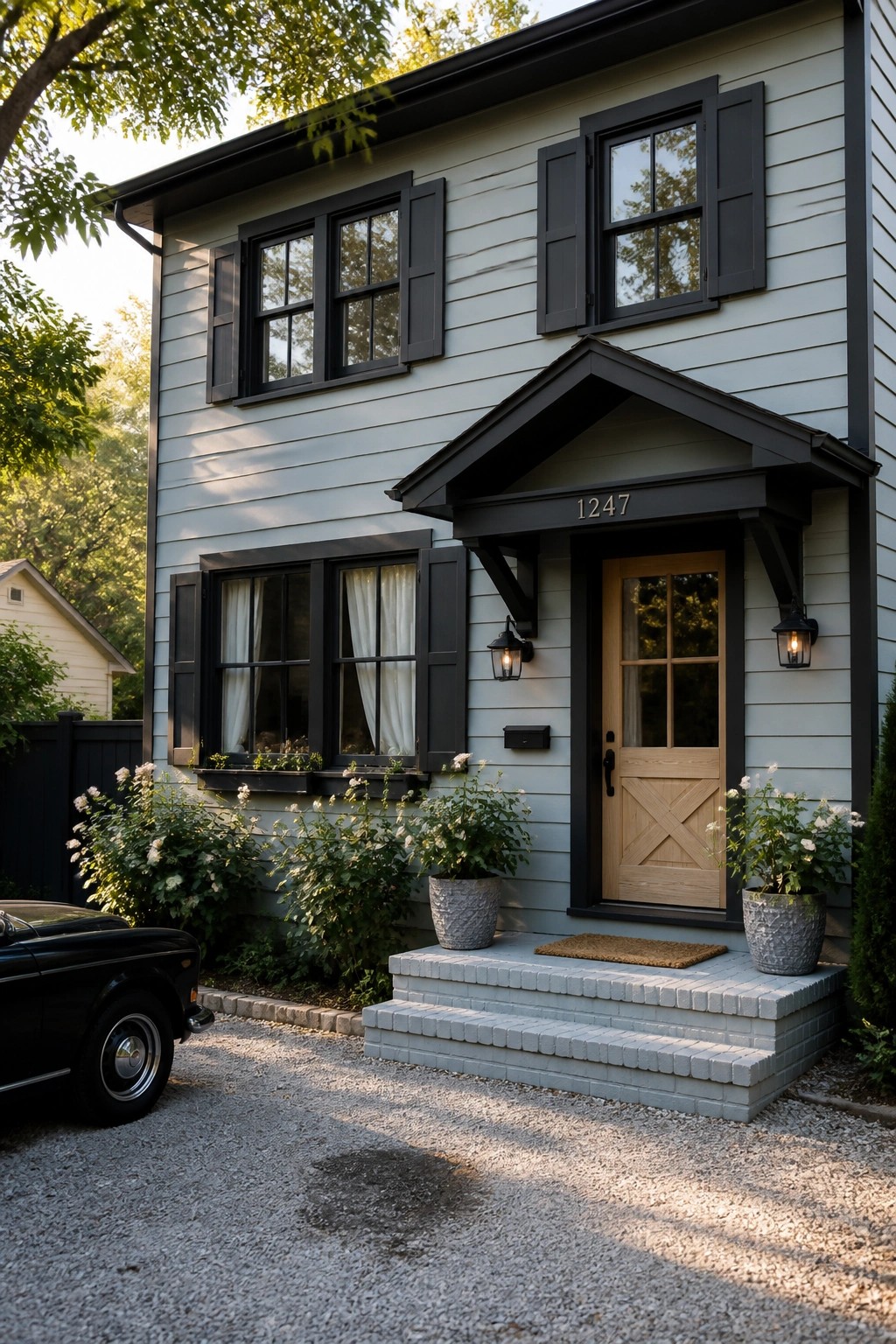 Light blue house with black shutters, wooden door, potted plants, and vintage car.