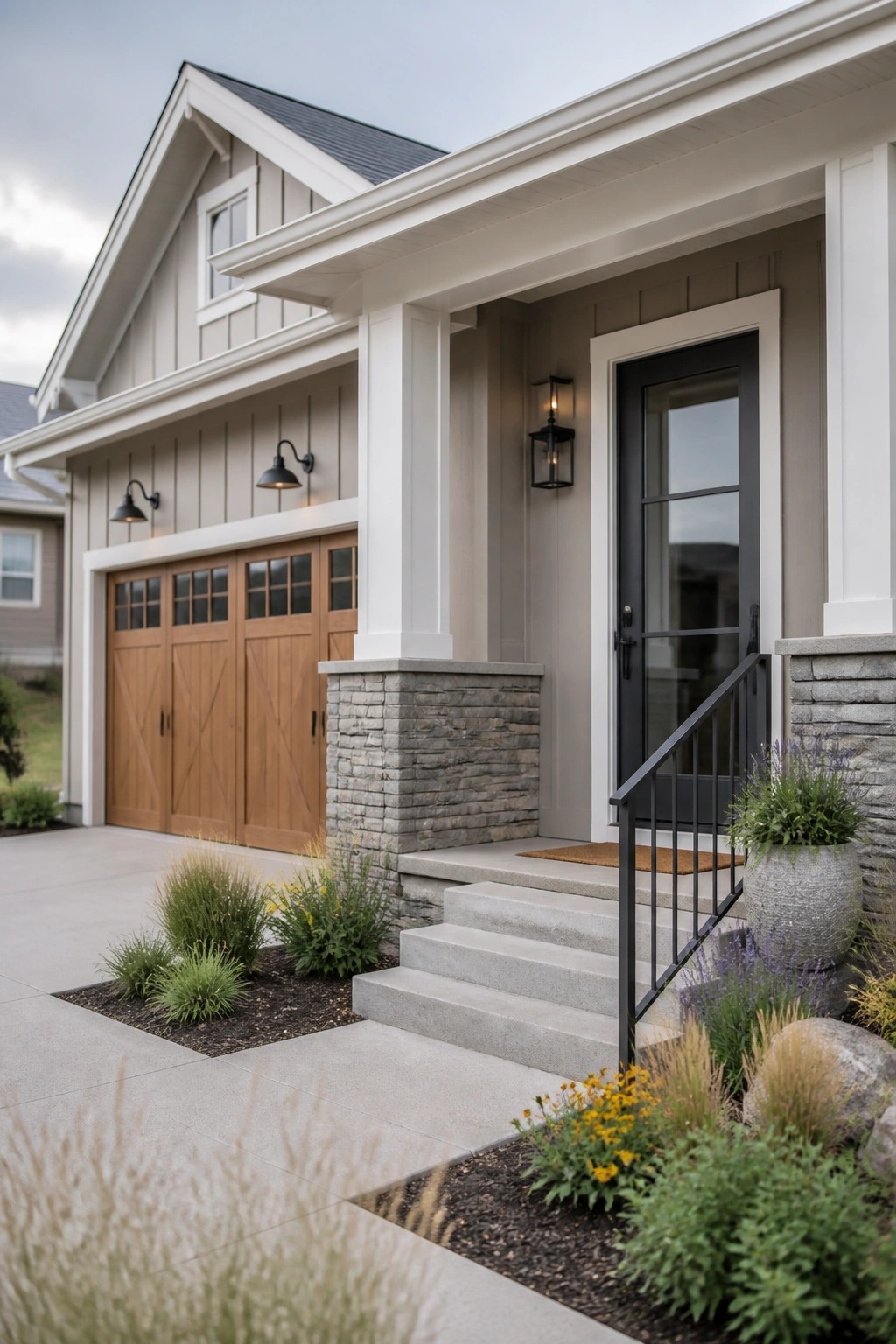 Modern farmhouse exterior with soft greige siding and white trim.