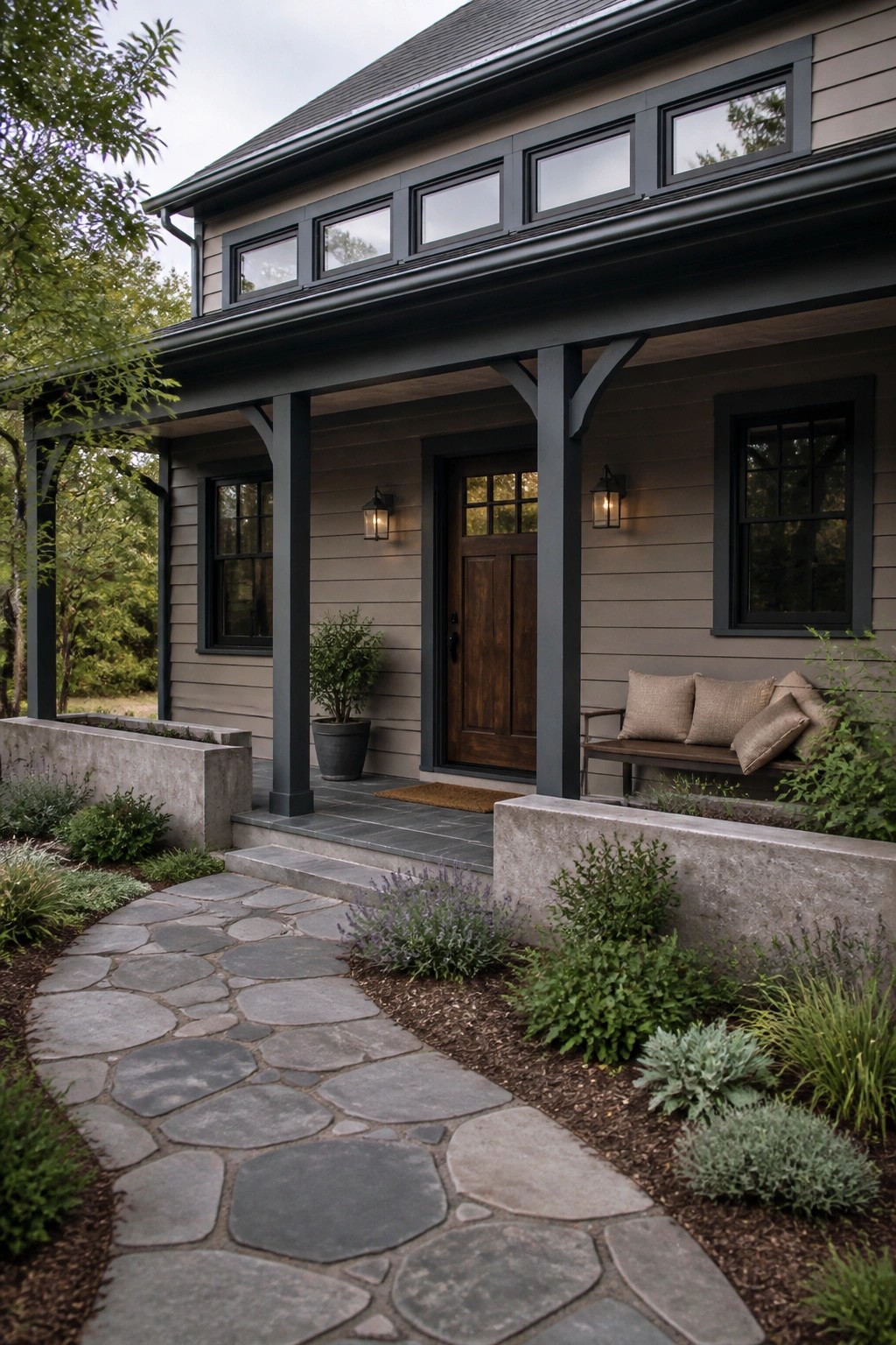 A modern farmhouse with warm greige siding and dark trim.