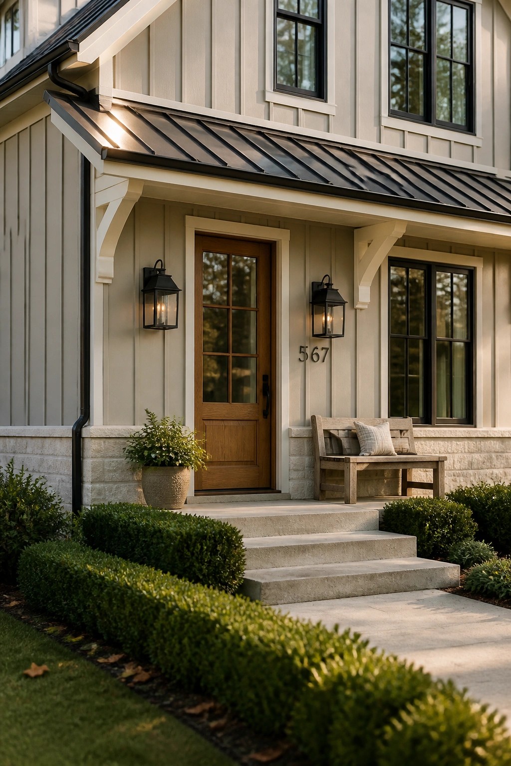 Modern farmhouse exterior with soft greige siding and black-framed windows.