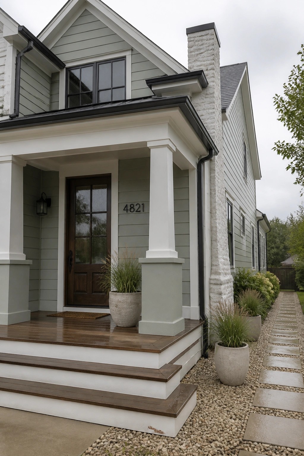 Modern farmhouse exterior with soft sage green siding and white trim.