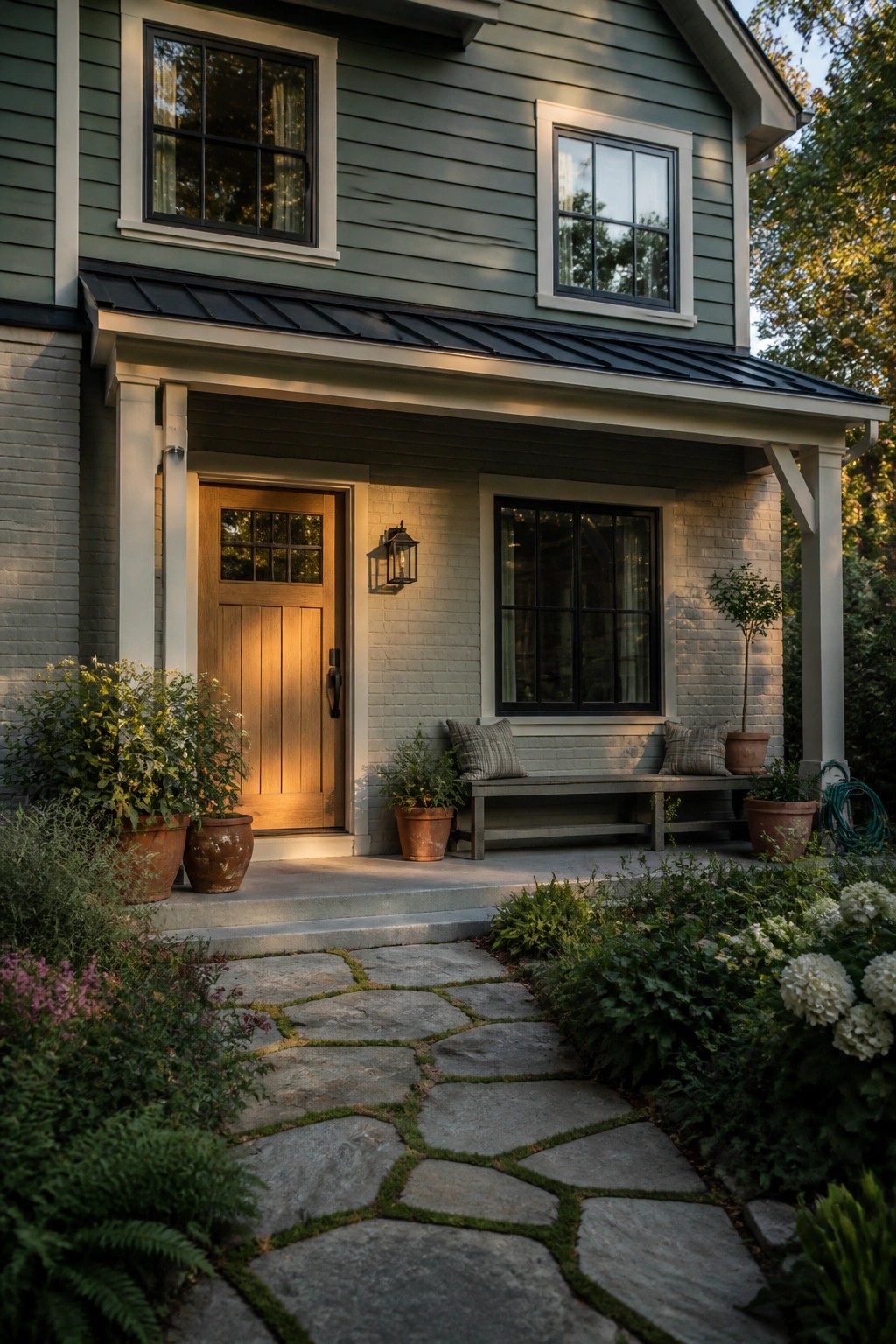A modern farmhouse exterior with soft sage green siding above a light brick base.