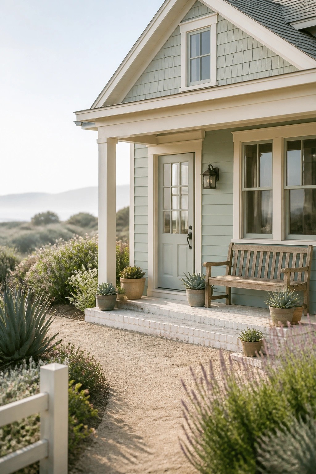 A modern farmhouse exterior with soft sage green siding and white trim.