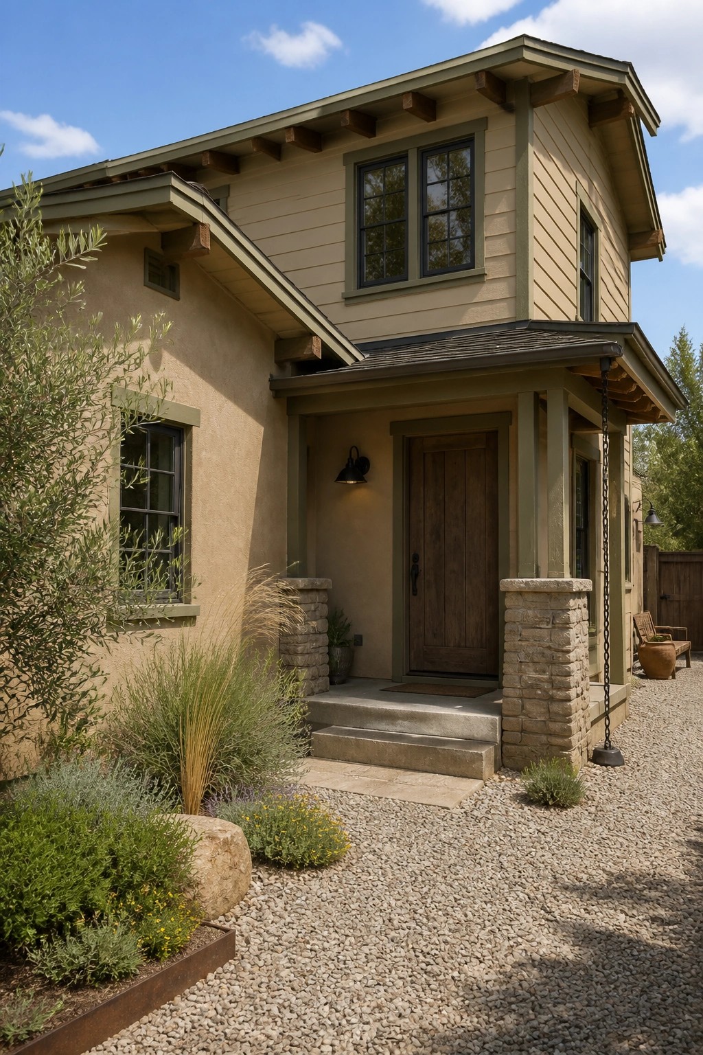 A two-story modern farmhouse with warm beige siding and green trim on the windows and porch.