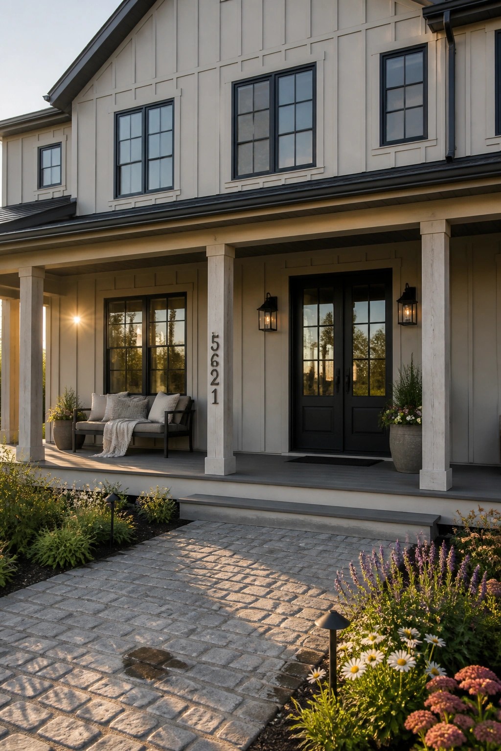 Light warm greige siding on a modern farmhouse exterior with black trim and doors.