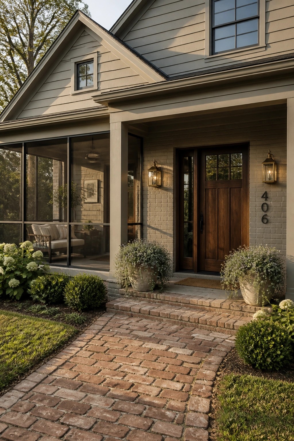 A modern farmhouse exterior painted in warm greige siding with brick around the entry.