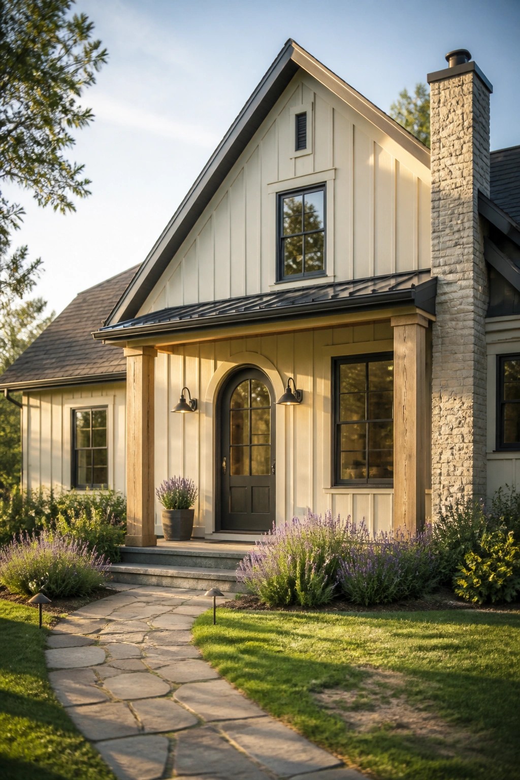 Modern farmhouse exterior with warm off-white siding and wood trim.