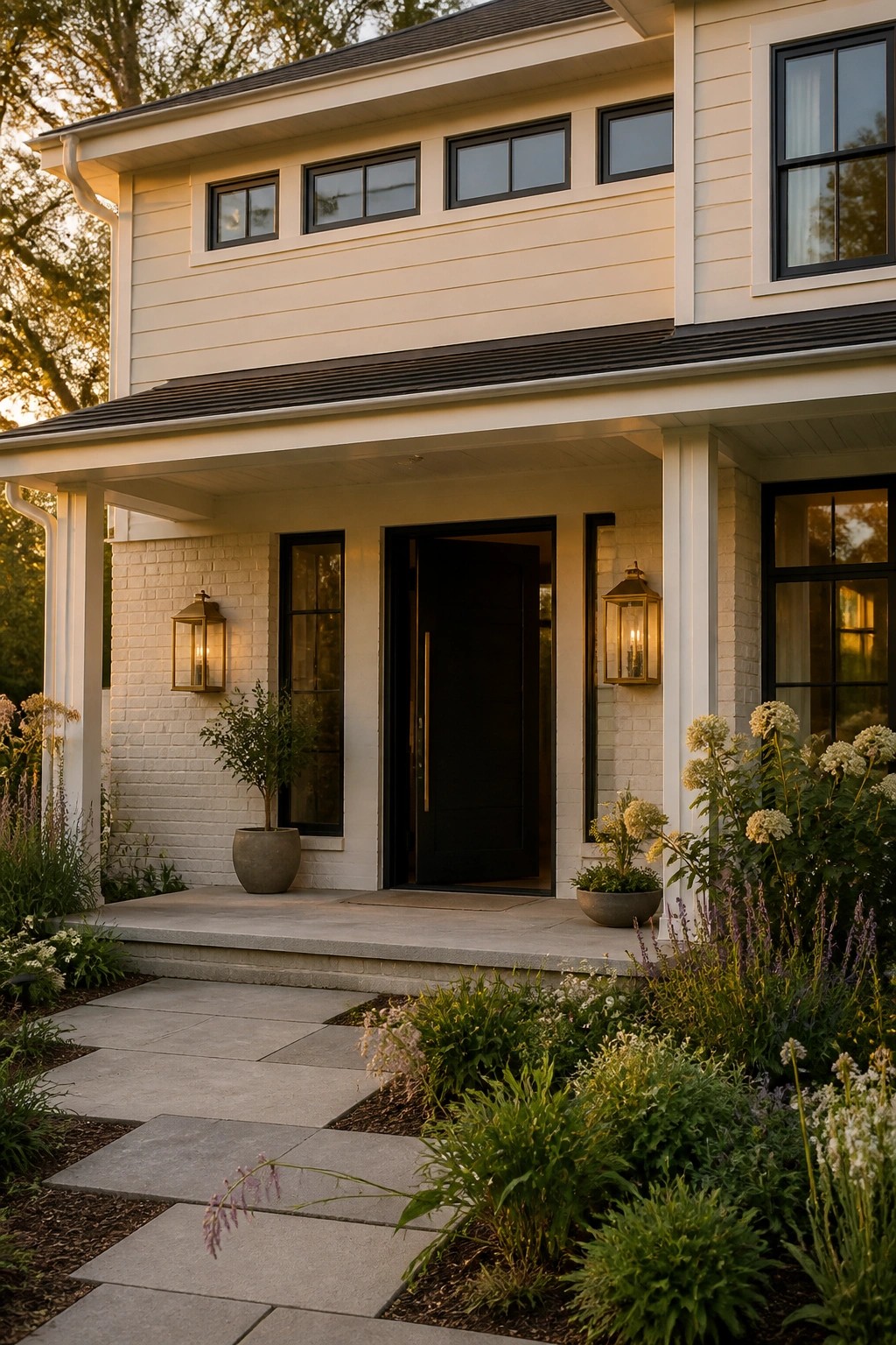 Warm white siding on a two-story farmhouse exterior with black windows and white brick accents.