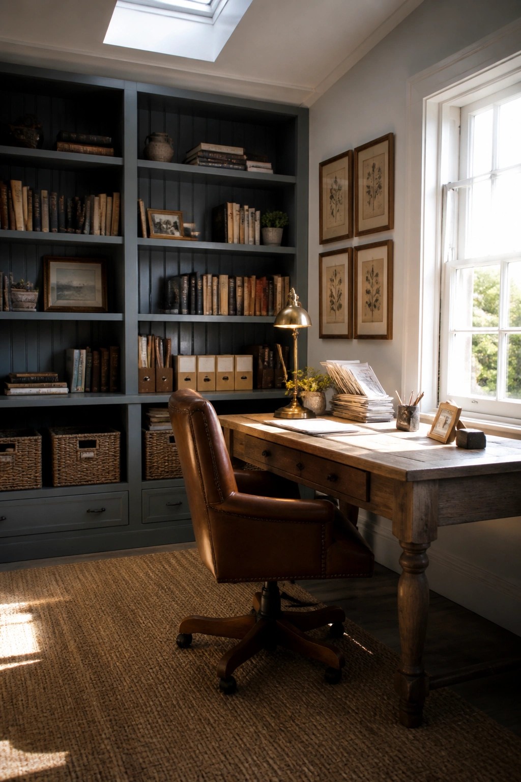 A home office featuring blue gray built-in bookshelves filled with books and decor, a wooden desk with a brass lamp, and a brown leather swivel chair on a woven rug.