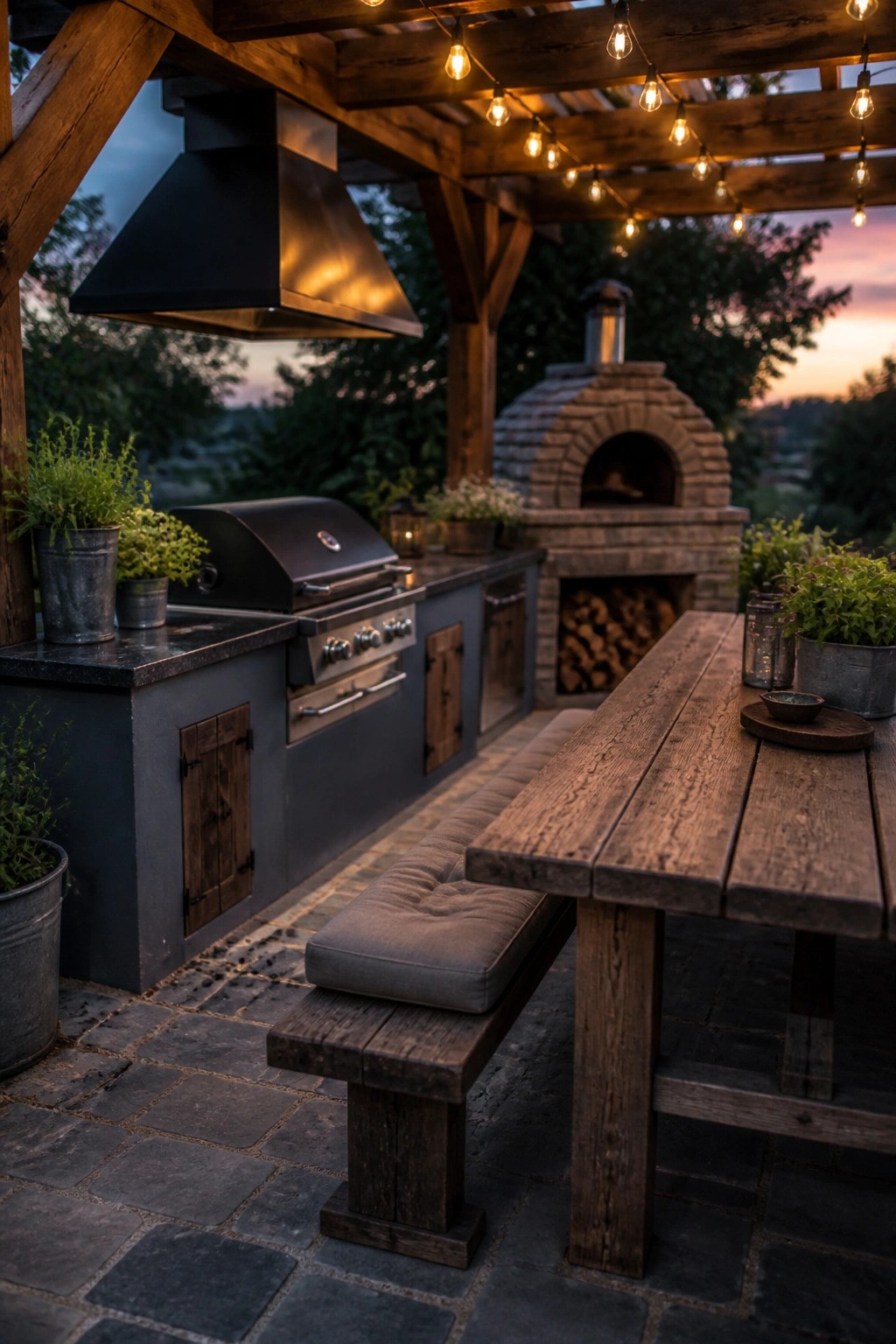 An outdoor kitchen area with blue gray cabinets, a black grill, a stone pizza oven, a wooden picnic table, and string lights overhead on a stone patio.