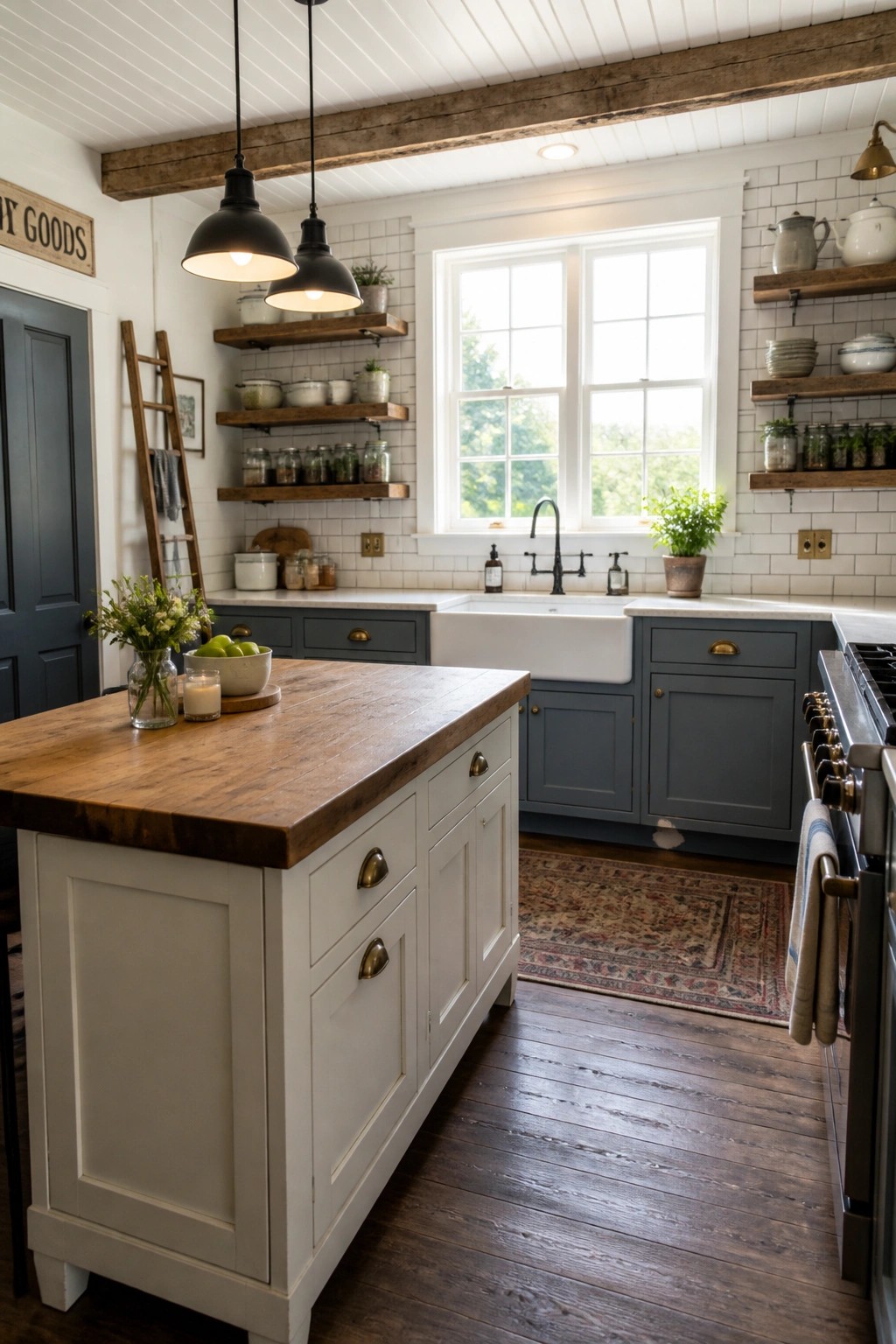 A farmhouse kitchen with blue-gray lower cabinets, a white island topped with wood, white subway tile backsplash, and a farmhouse sink under two windows.