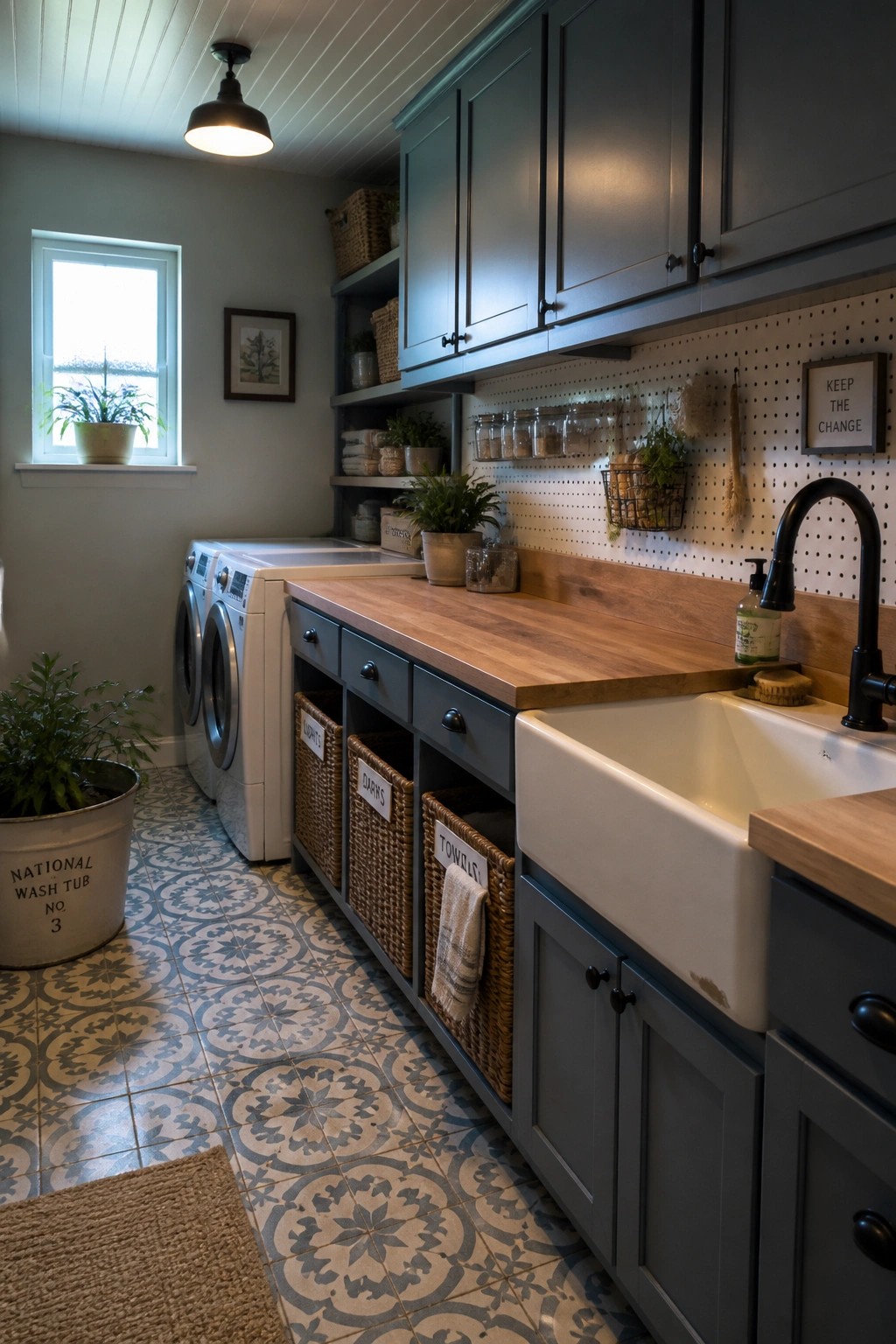 A laundry room featuring blue gray cabinets, a white farmhouse sink, wooden countertops, washing machines, and patterned tile flooring.