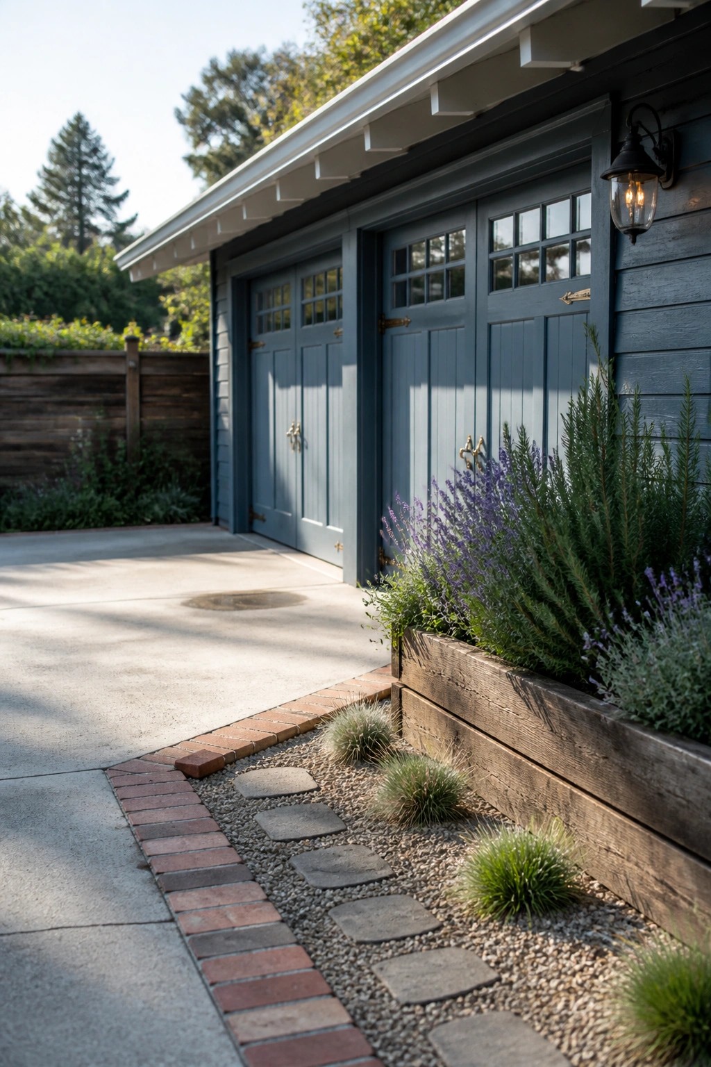 A blue gray painted garage door on a house exterior with a wooden planter box and gravel path beside it.