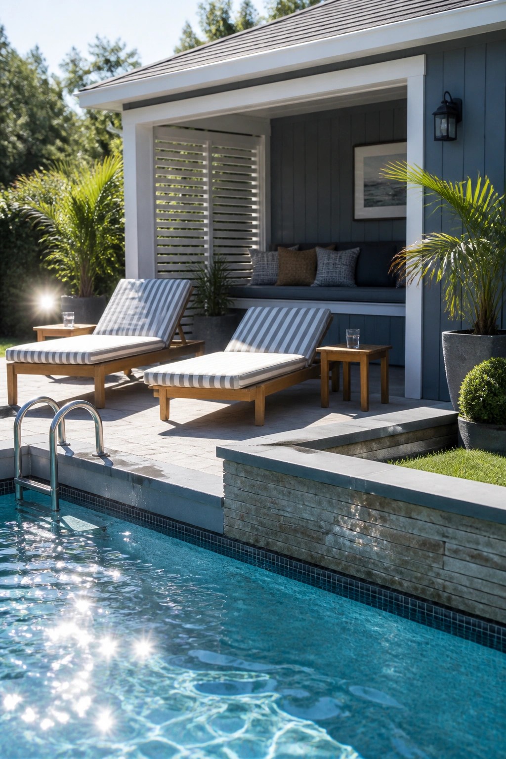 A blue gray farmhouse pool house with white trim, striped lounge chairs on the patio, and a swimming pool in the foreground.