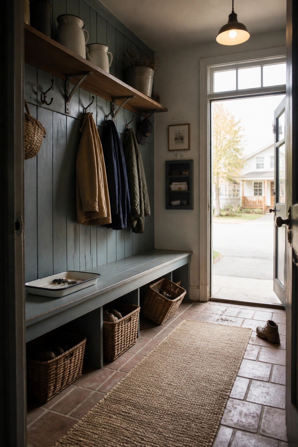 A blue gray painted mudroom interior with a long wooden bench, woven storage baskets below, wall hooks holding coats, open shelving above, and a door leading outside.