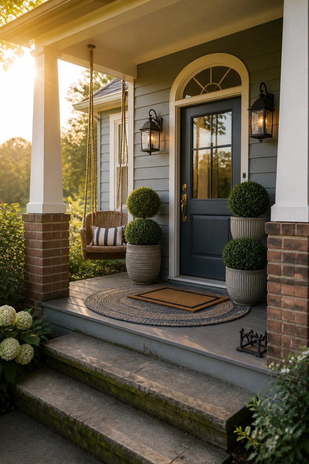 Front porch with dark blue door, hanging wicker swing, potted plants, and stone steps