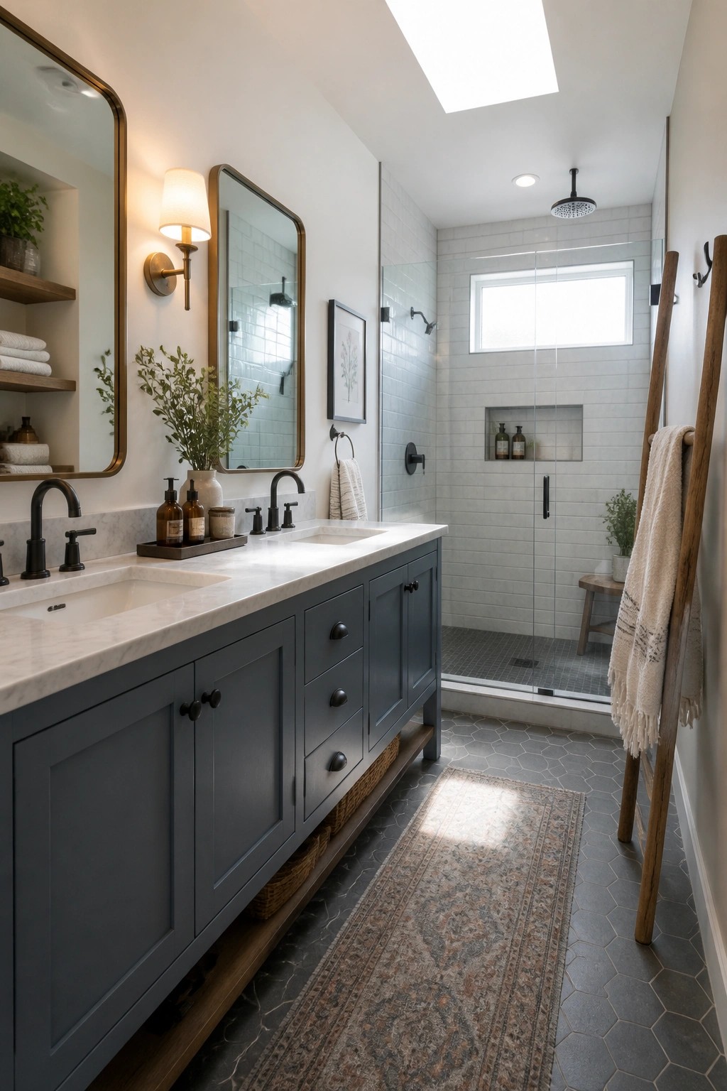 A long blue gray double vanity with marble countertop sits in a bathroom with a glass enclosed shower featuring white subway tile.