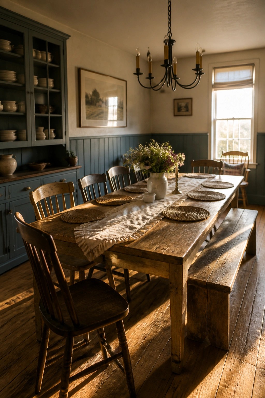 A dining room with blue gray wainscoting and cabinetry, a long wooden table, and several wooden chairs.
