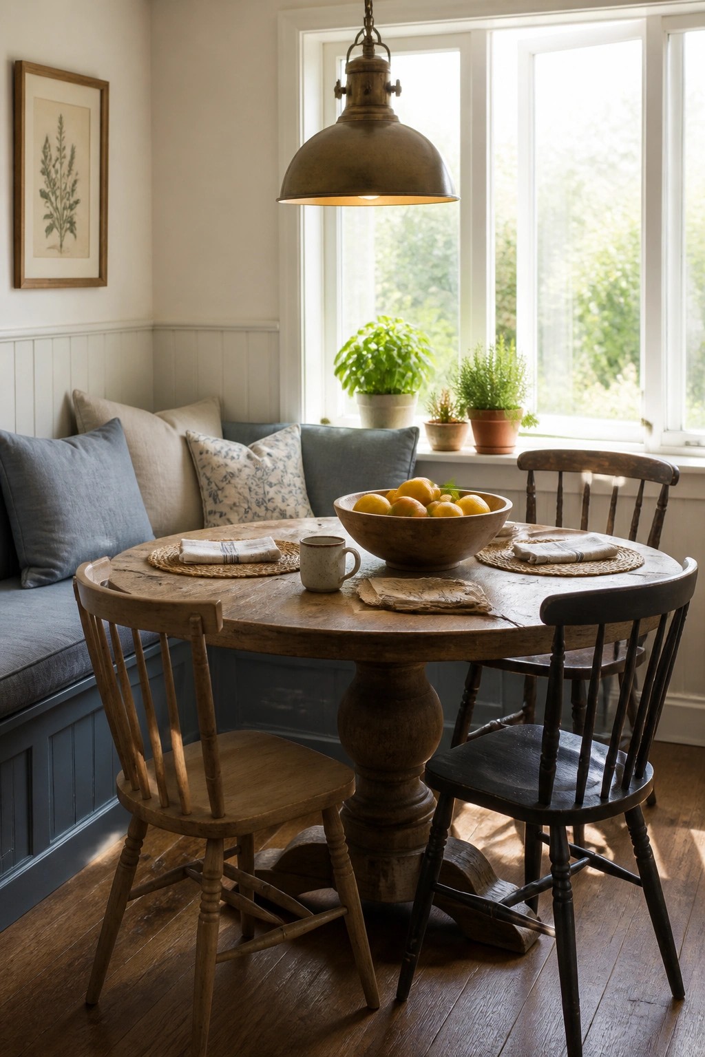 A round wooden dining table with mixed chairs sits in a corner room with blue gray wainscoting, a window seat with cushions, and a large window behind.