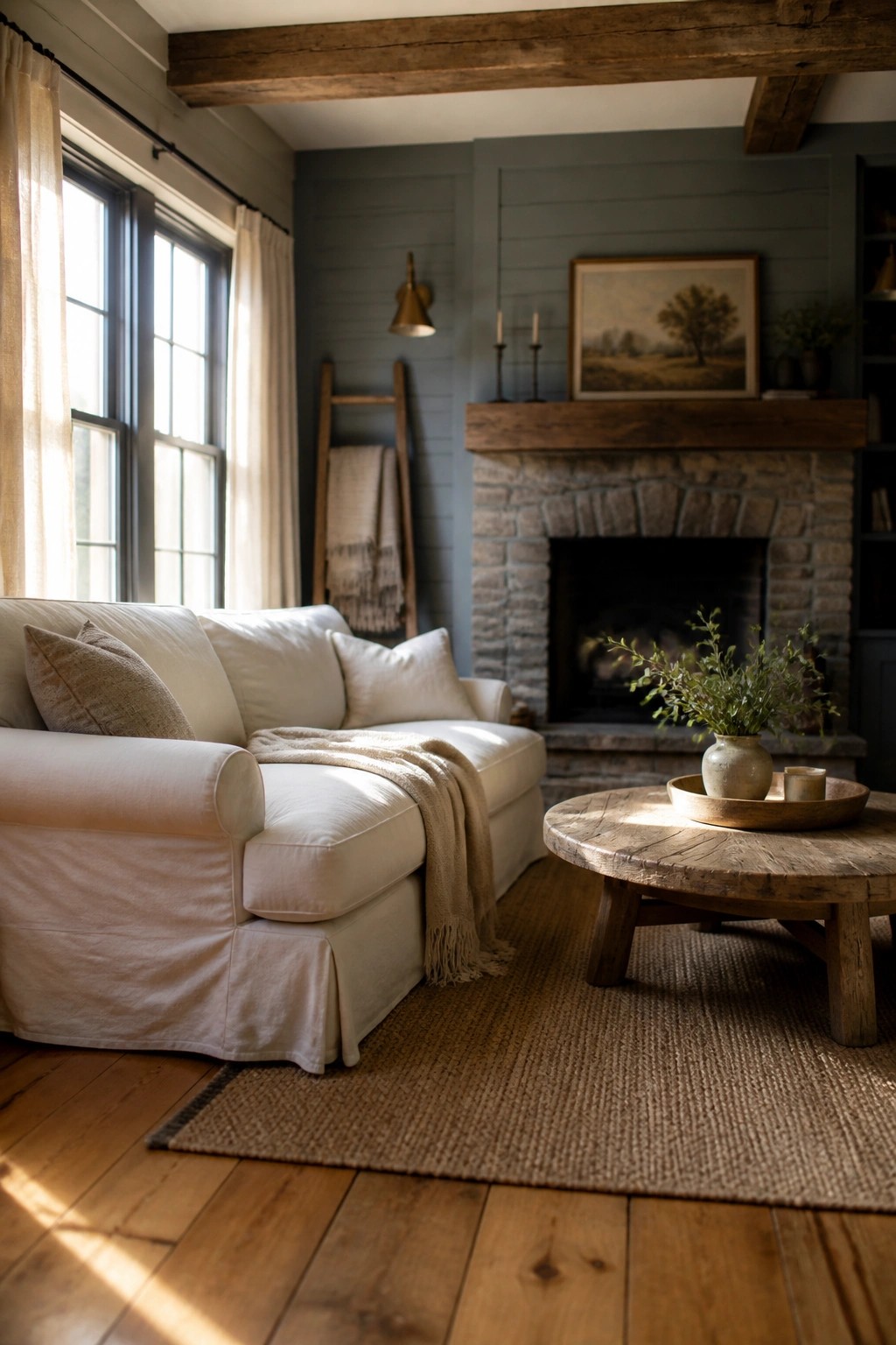 A living room interior with blue gray walls, a white slipcovered sofa, a round wooden coffee table, and a large stone fireplace with a wooden mantel.