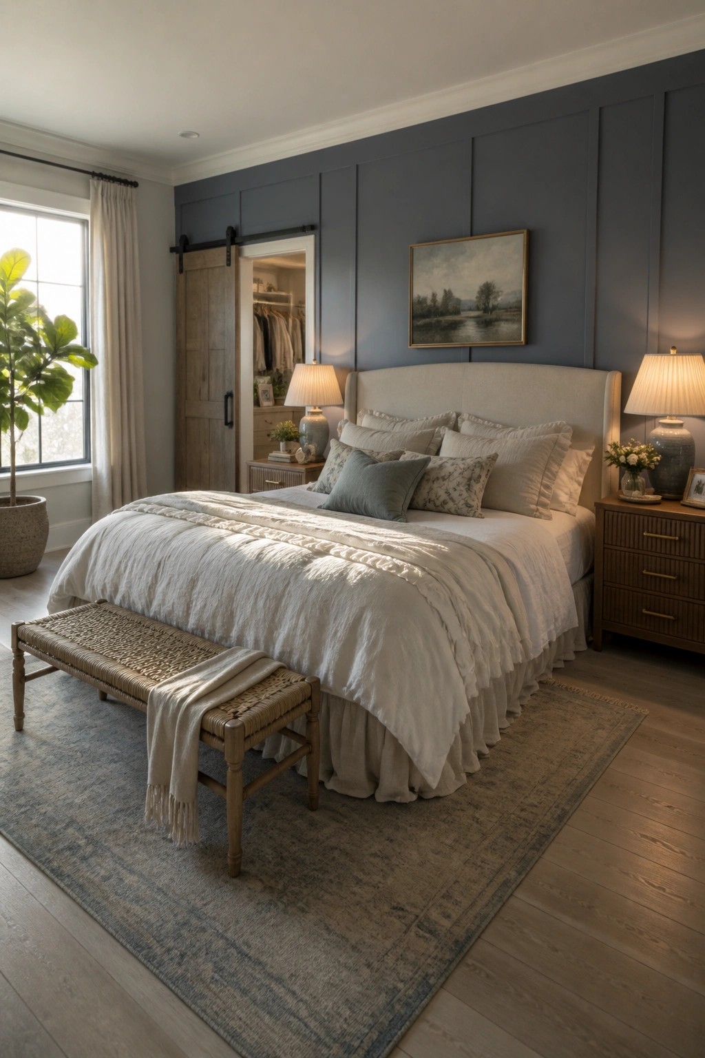 A bedroom with a large bed dressed in white linens, a blue gray paneled accent wall behind it, a sliding barn door to the left, and two wooden nightstands with lamps.